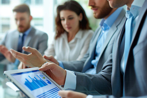 Business people in meeting room looking at analytics