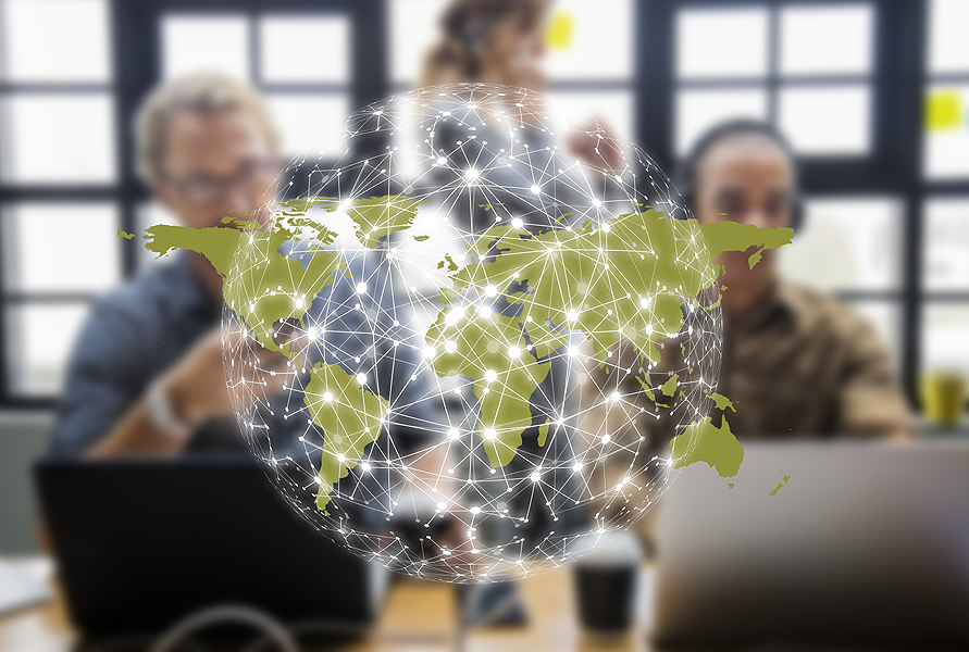 Office workers with superimposed globe